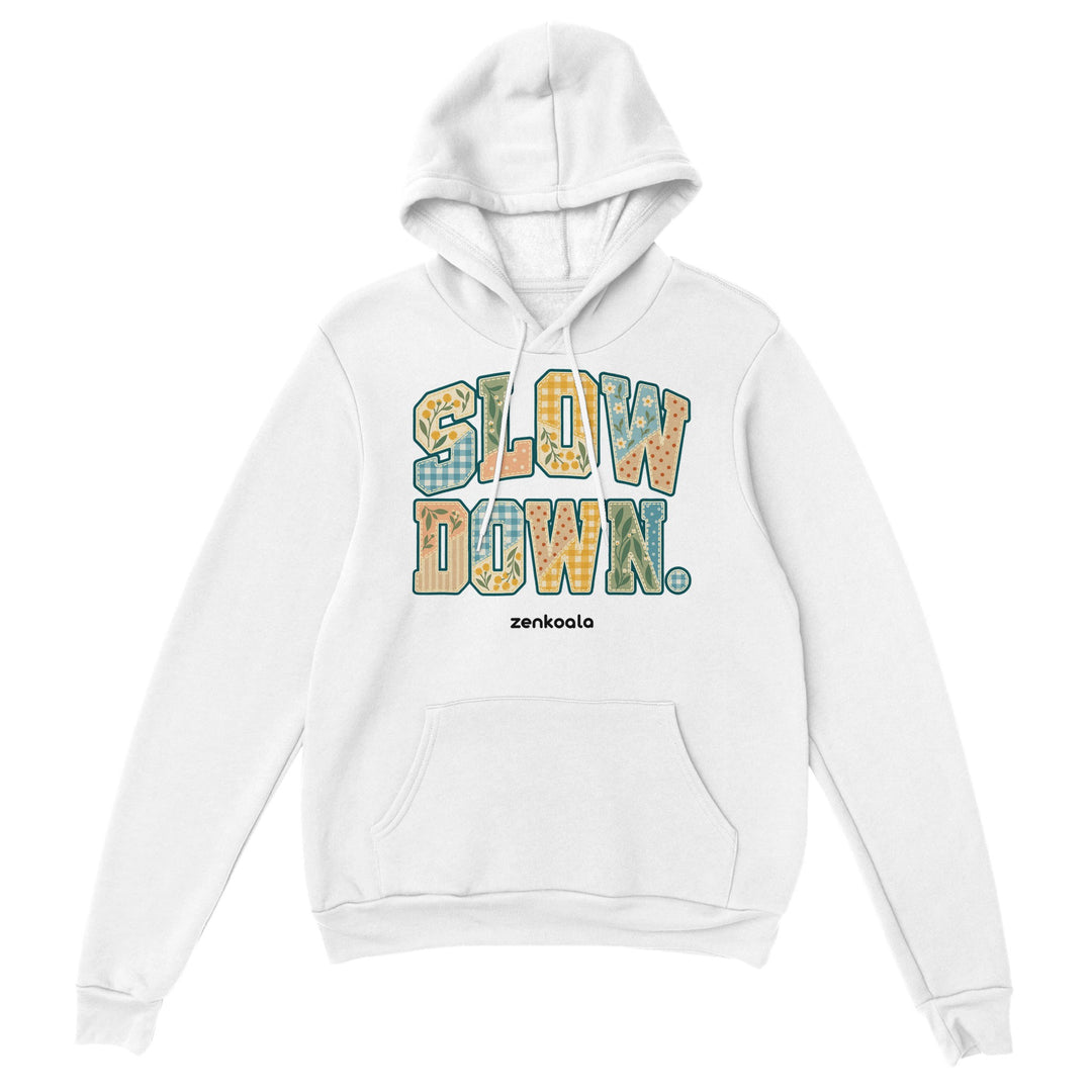 Slow Down Faux Patchwork feel-good hoodie in white, Zen Koala Australia