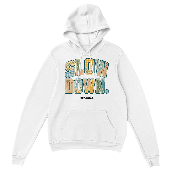 Slow Down Faux Patchwork feel-good hoodie in white, Zen Koala Australia