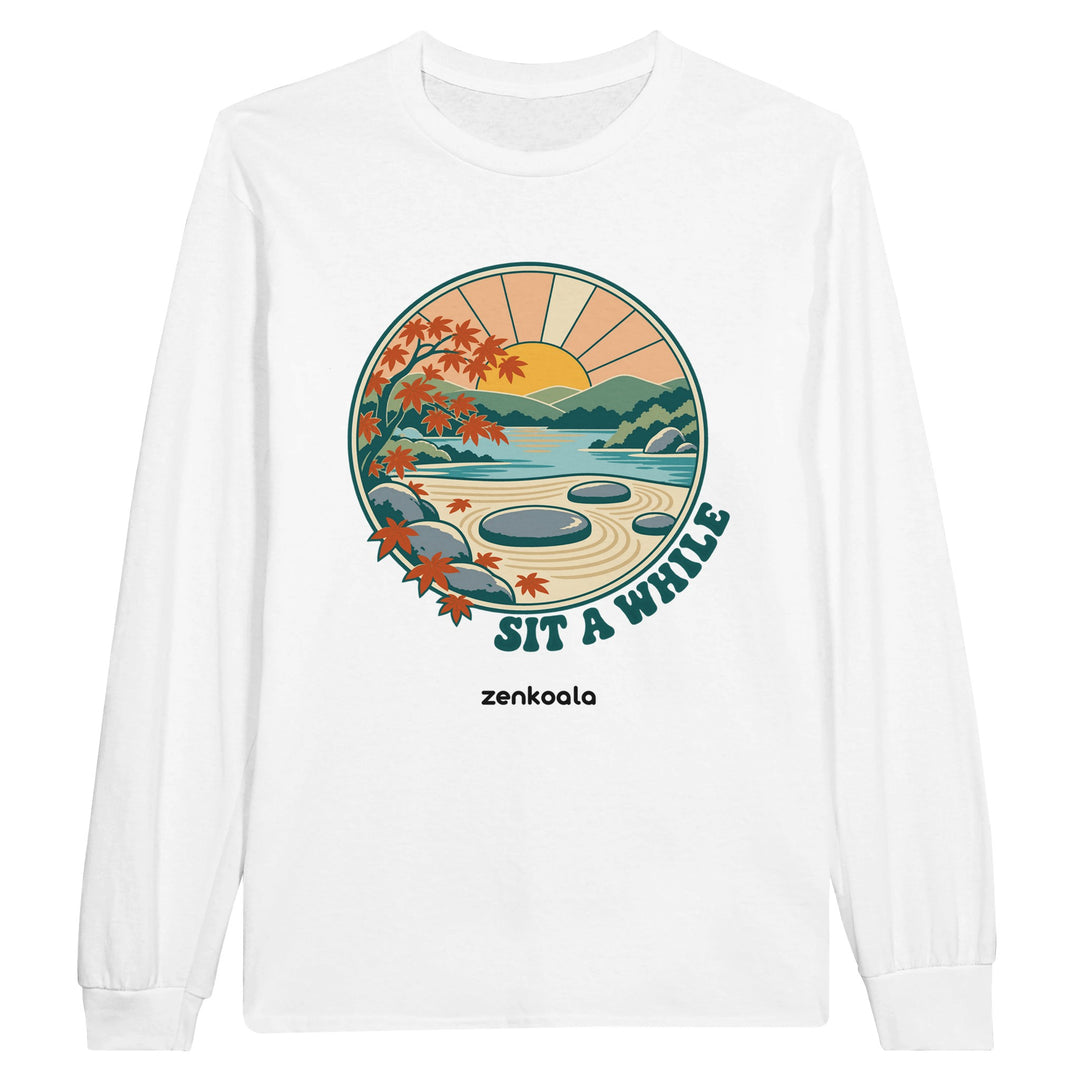 Zen Garden Sit a While feel-good long sleeve tee in white: an empty stone in a calm zen garden, Zen Koala Australia
