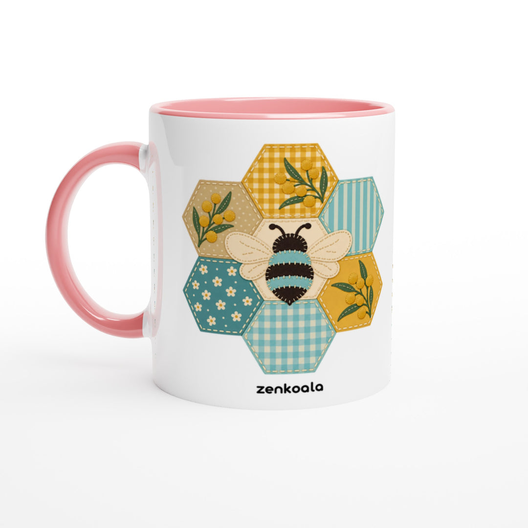 Honeycomb Bee mug in pink: white with a pink rim, inside and handle, Zen Koala Australia