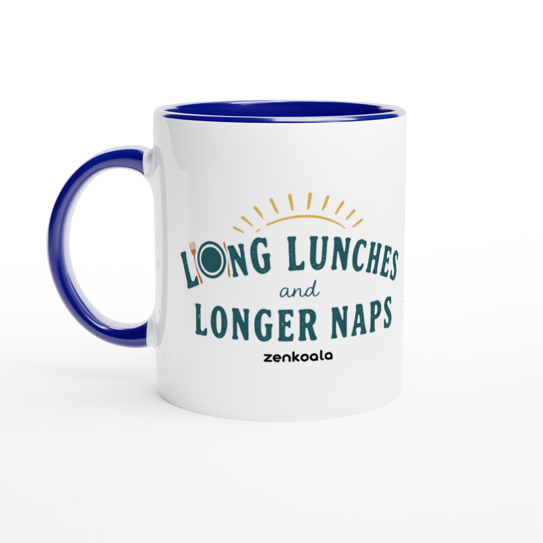 Long Lunches and Longer Naps mug in blue: white with a blue rim, inside and handle, Zen Koala Australia