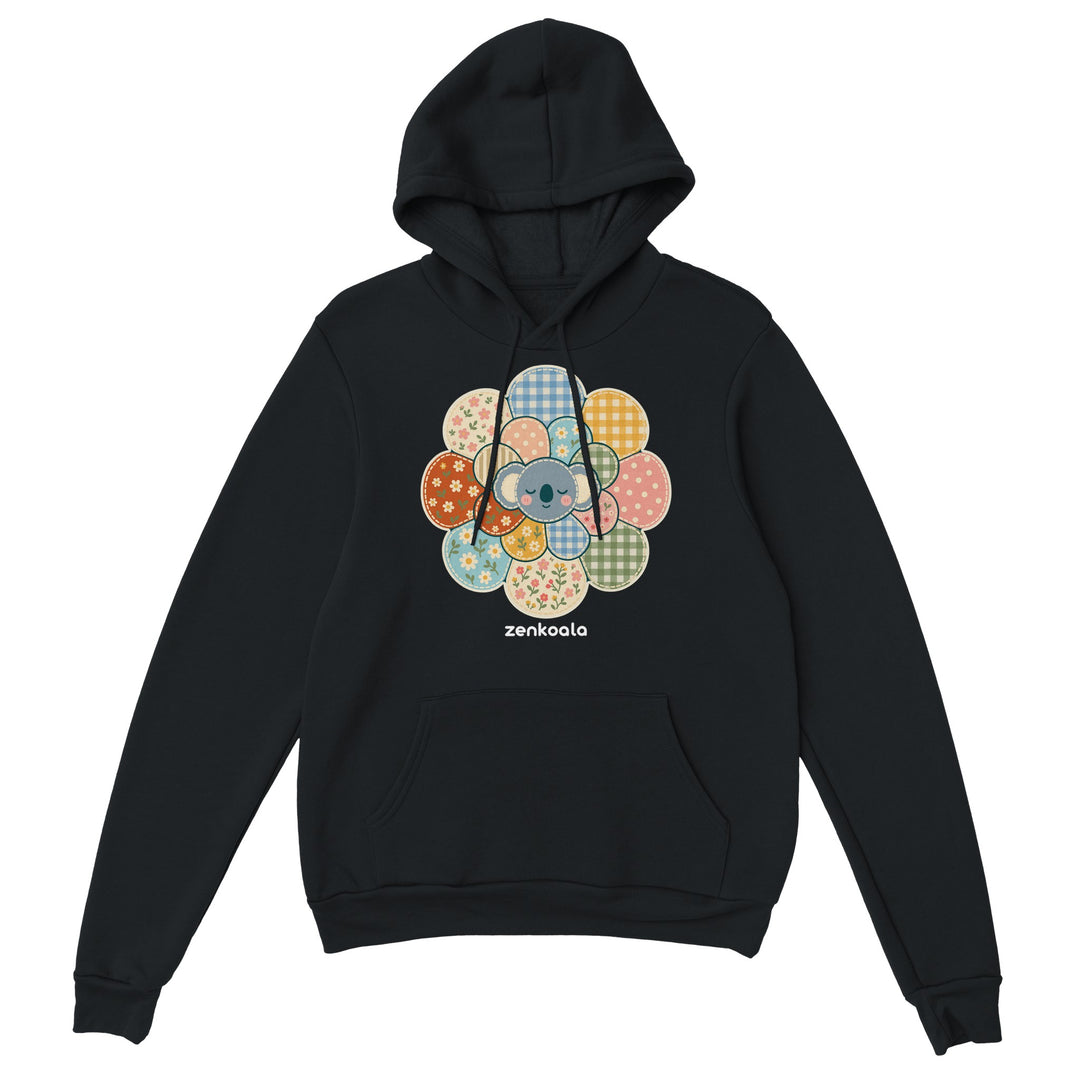 Zen Mandala Flower feel-good hoodie in black: a faux patchwork flower with a koala at its heart, Zen Koala Australia