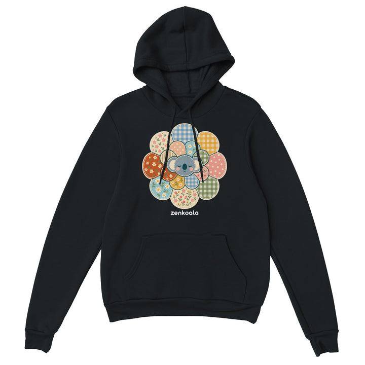 Zen Mandala Flower feel-good hoodie in black: a faux patchwork flower with a koala at its heart, Zen Koala Australia