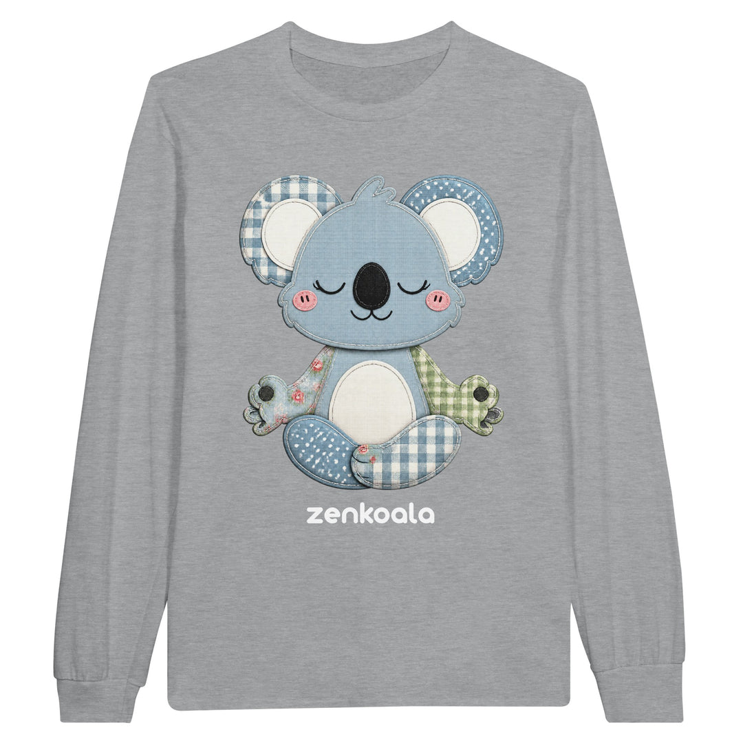 Faux Patchwork Meditating Koala long sleeve tee in sports grey — Zen Koala Australia