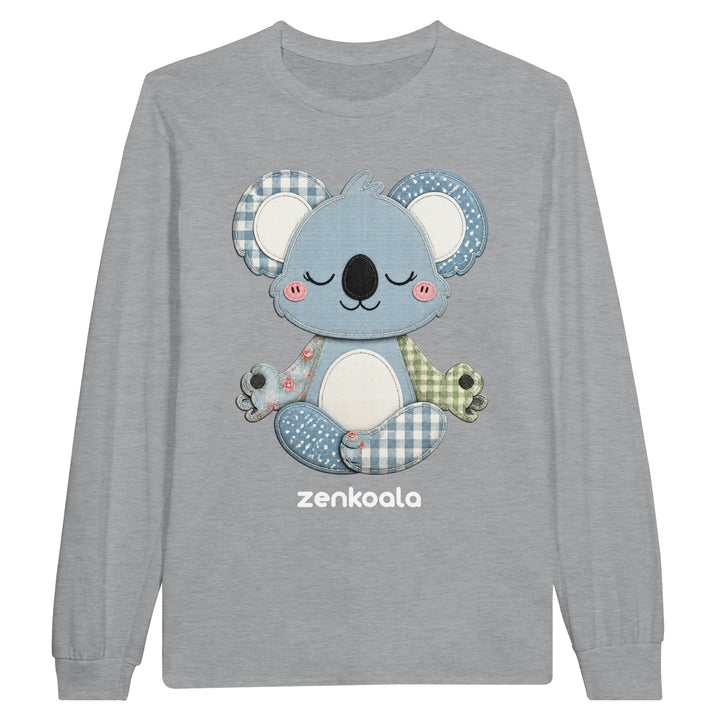 Faux Patchwork Meditating Koala long sleeve tee in sports grey — Zen Koala Australia