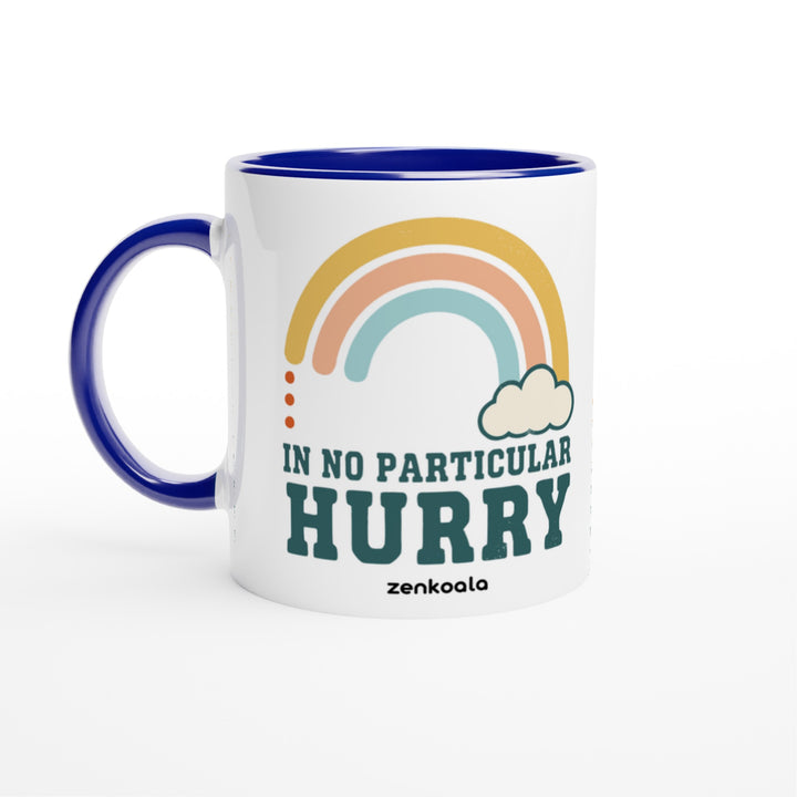 In No Particular Hurry mug in blue: white with a blue rim, inside and handle, Zen Koala Australia