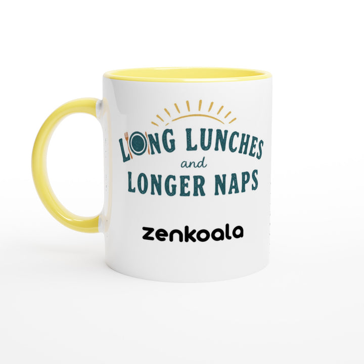 Long Lunches and Longer Naps feel-good mug, yellow inside — Zen Koala Australia