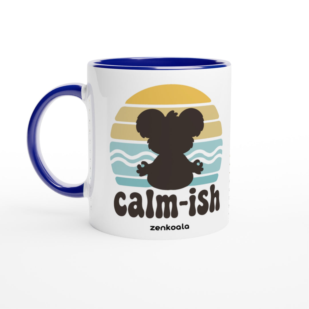 Calm-ish Retro Sunset Koala mug in blue: white with a blue rim, inside and handle, Zen Koala Australia