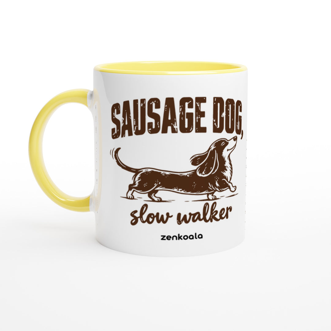 Sausage Dog Slow Walker mug in yellow: white with a yellow rim, inside and handle, Zen Koala Australia