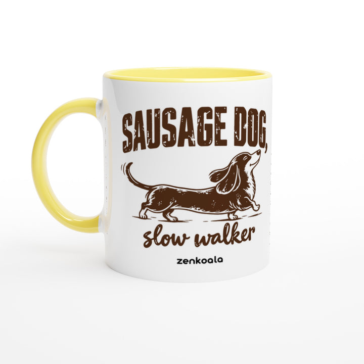 Sausage Dog Slow Walker mug in yellow: white with a yellow rim, inside and handle, Zen Koala Australia