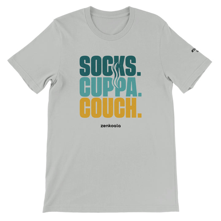 Socks Cuppa Couch feel-good tee in silver: three words for the perfect evening in, Zen Koala Australia
