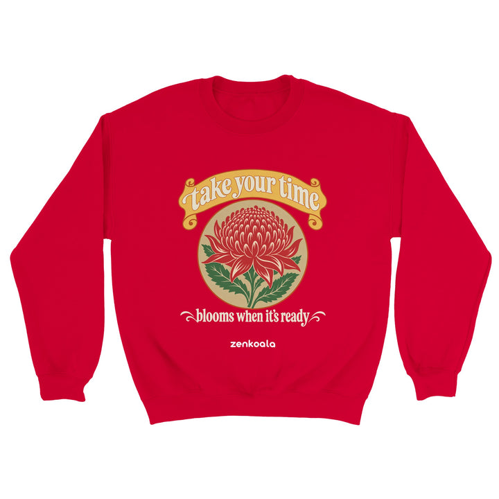 Take Your Time feel-good sweatshirt in red, Zen Koala Australia