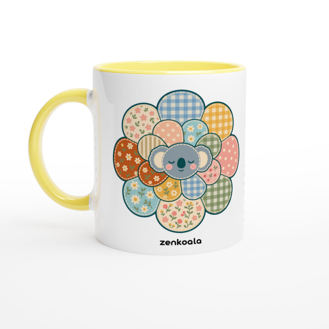 Zen Mandala Flower mug in yellow: white with a yellow rim, inside and handle, Zen Koala Australia