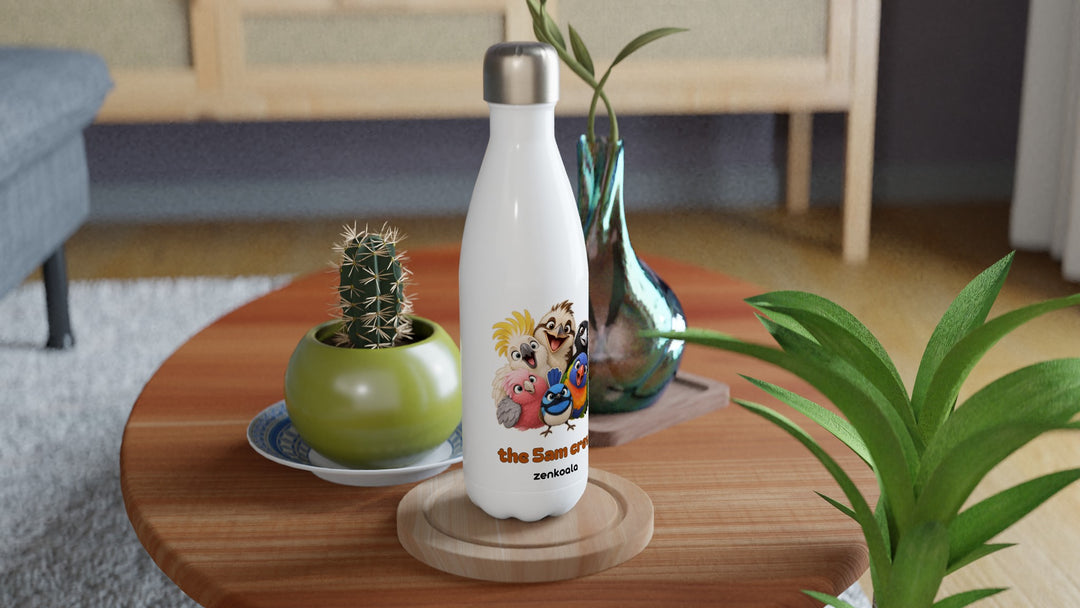 The 5am Crew water bottle on a wooden table with a cactus, Zen Koala Australia