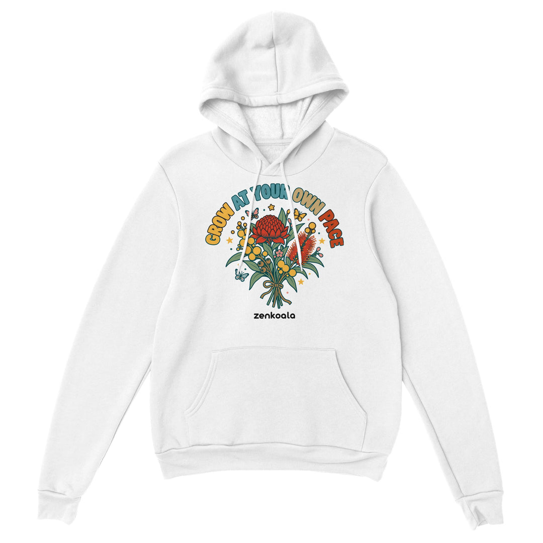 Grow at Your Own Pace feel-good hoodie in white: a bouquet of Aussie wildflowers, Zen Koala Australia