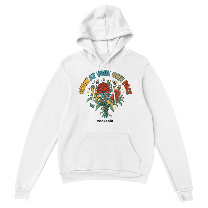 Grow at Your Own Pace feel-good hoodie in white: a bouquet of Aussie wildflowers, Zen Koala Australia