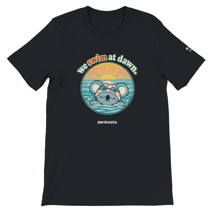 We Swim at Dawn feel-good tee in black, Zen Koala Australia