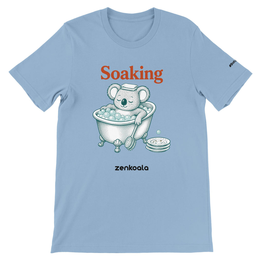 Soaking Koala Bath feel-good tee in light blue — Zen Koala Australia