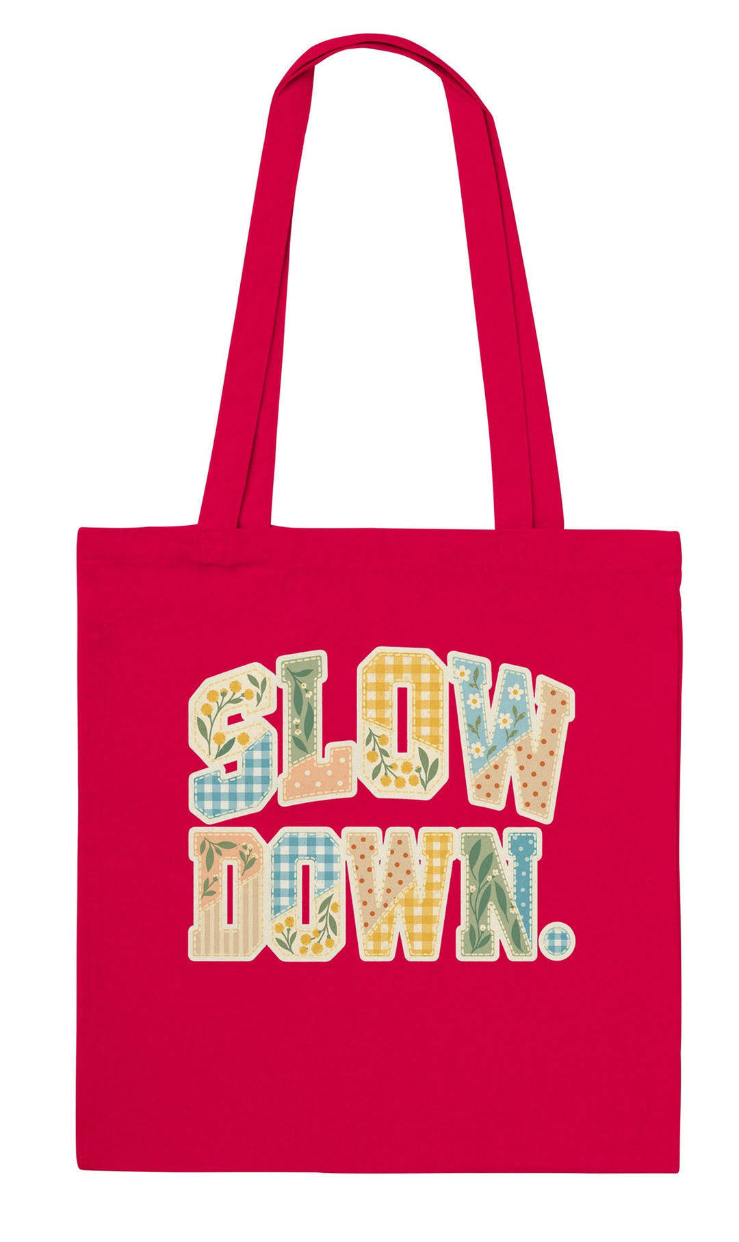 Slow Down Faux Patchwork feel-good tote bag in red, Zen Koala Australia