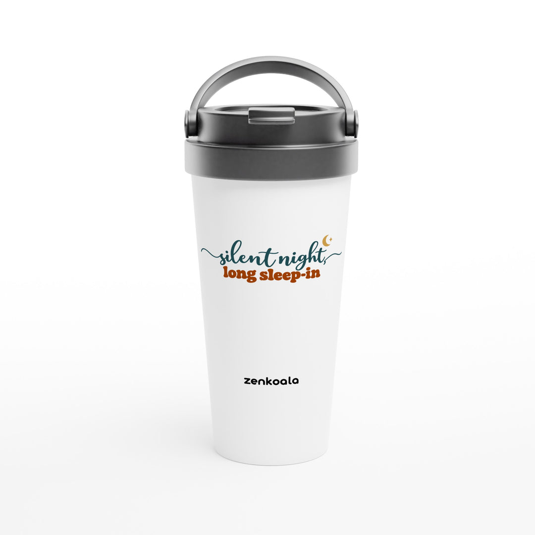 Silent Night Long Sleep-In feel-good travel mug: flowing script under a little moon, Zen Koala Australia