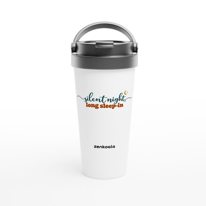 Silent Night Long Sleep-In feel-good travel mug: flowing script under a little moon, Zen Koala Australia