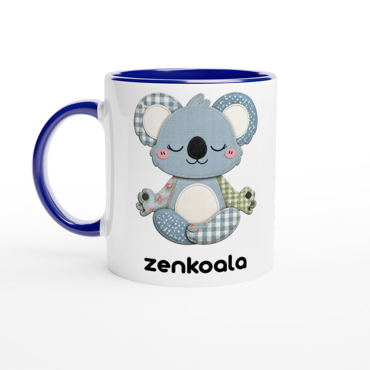 Faux Patchwork Meditating Koala feel-good mug, blue inside — Zen Koala Australia