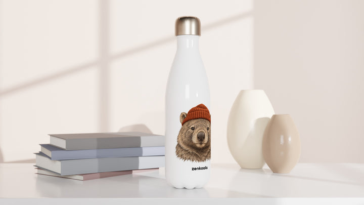 Wombat Beanie water bottle beside books and vases, Zen Koala Australia