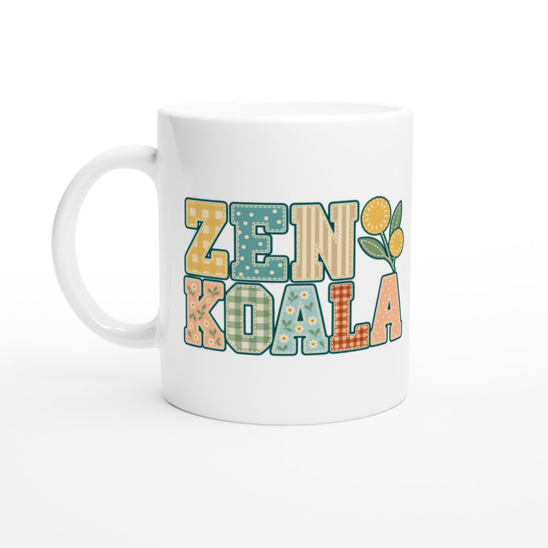 Zen Koala Faux Patchwork feel-good mug: the brand name in faux patchwork letters, Zen Koala Australia