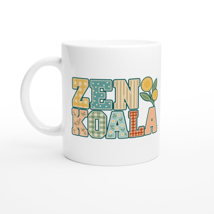 Zen Koala Faux Patchwork feel-good mug: the brand name in faux patchwork letters, Zen Koala Australia