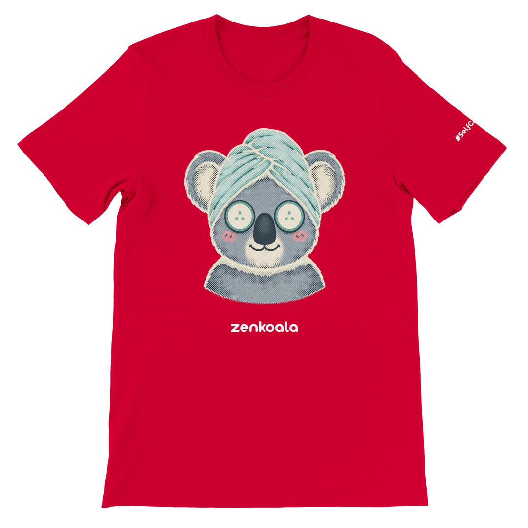 Koala Spa Day feel-good tee in red — Zen Koala Australia