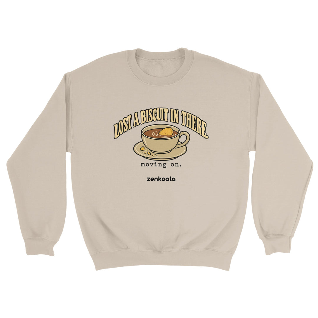 Lost a Biscuit in There feel-good sweatshirt in sand: a biscuit sinking in a cuppa, Zen Koala Australia