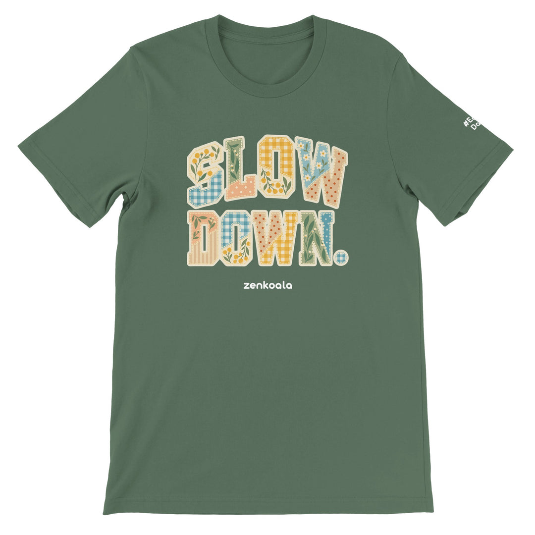 Slow Down Faux Patchwork feel-good tee in military green, Zen Koala Australia