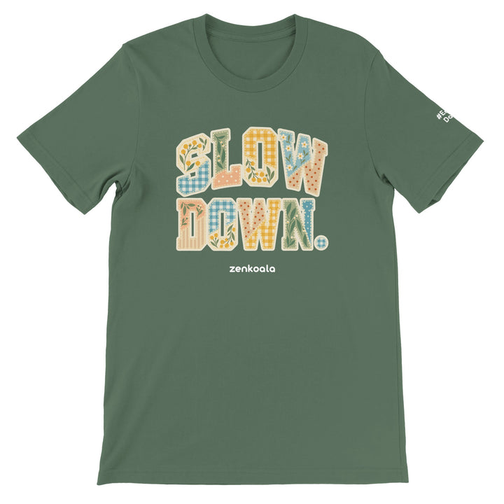 Slow Down Faux Patchwork feel-good tee in military green, Zen Koala Australia