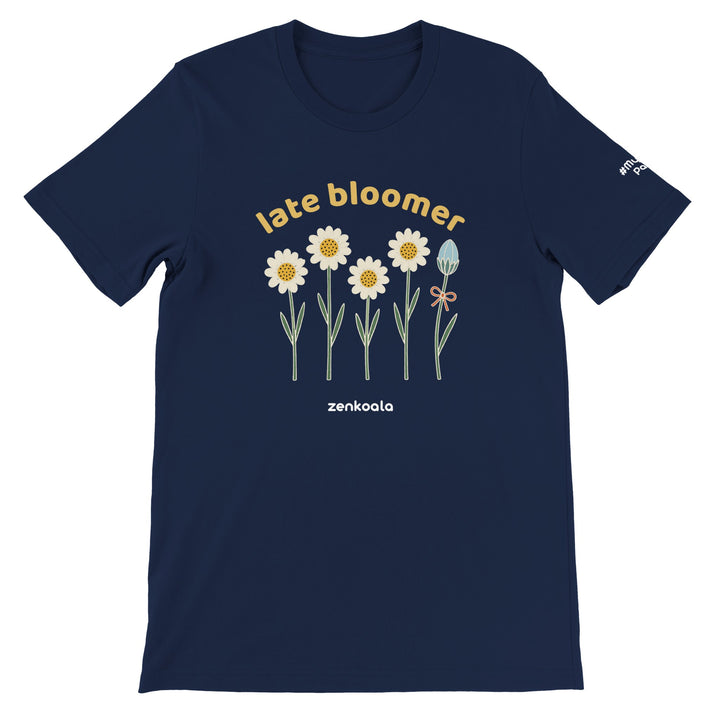 Late Bloomer feel-good tee in navy, Zen Koala Australia