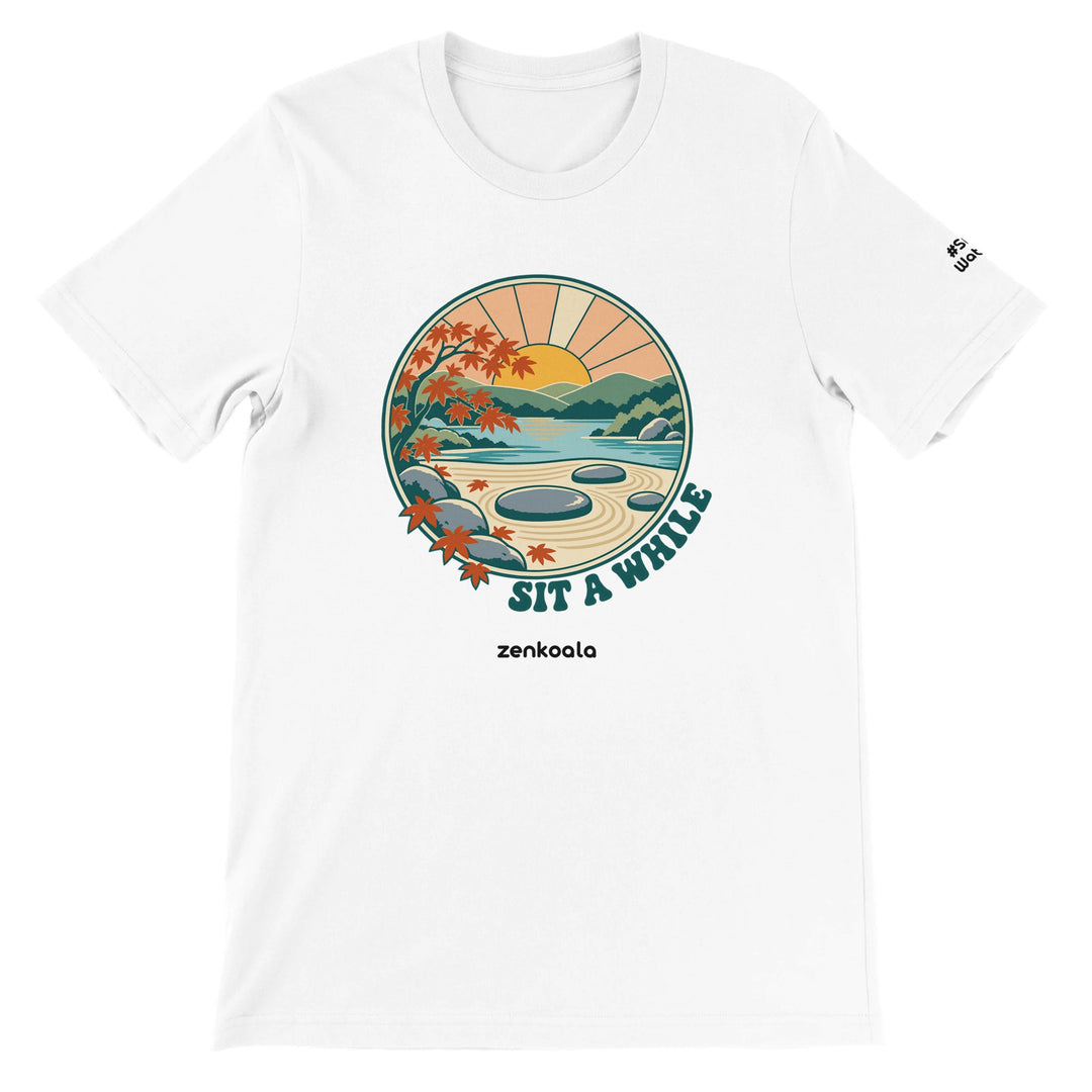 Zen Garden Sit a While feel-good tee in white: an empty stone in a calm zen garden, Zen Koala Australia
