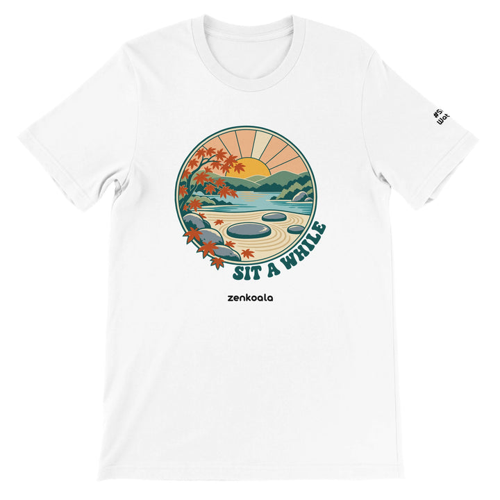 Zen Garden Sit a While feel-good tee in white: an empty stone in a calm zen garden, Zen Koala Australia