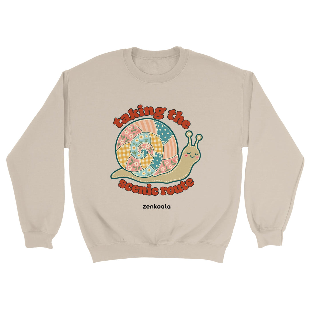 Taking the Scenic Route Snail feel-good sweatshirt in sand, Zen Koala Australia