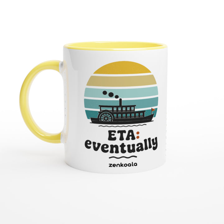ETA Eventually mug in yellow: white with a yellow rim, inside and handle, Zen Koala Australia