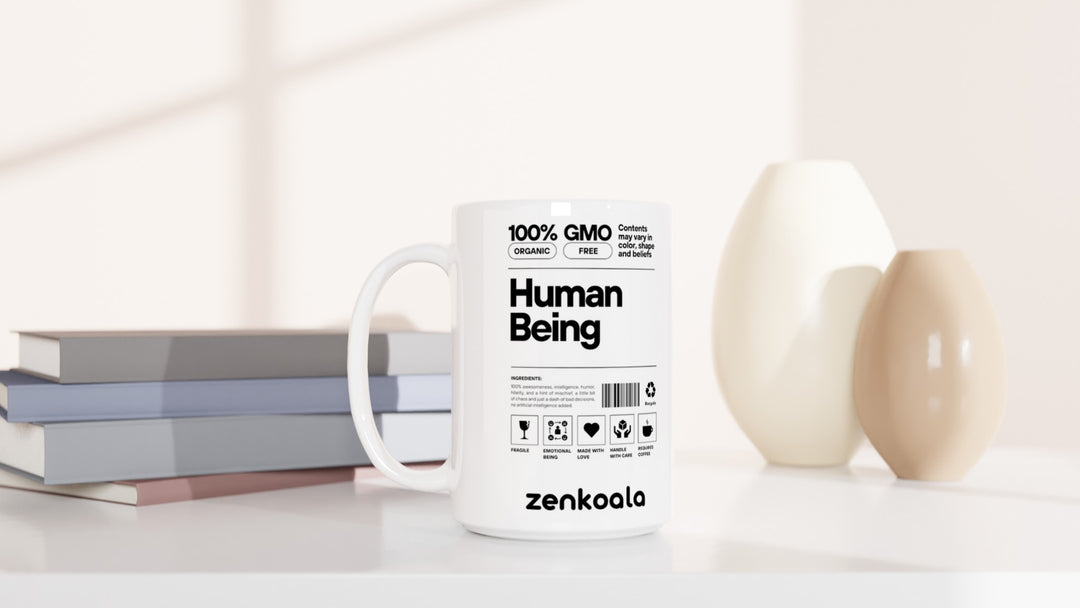 Human Being 15oz mug beside books and vases, Zen Koala Australia