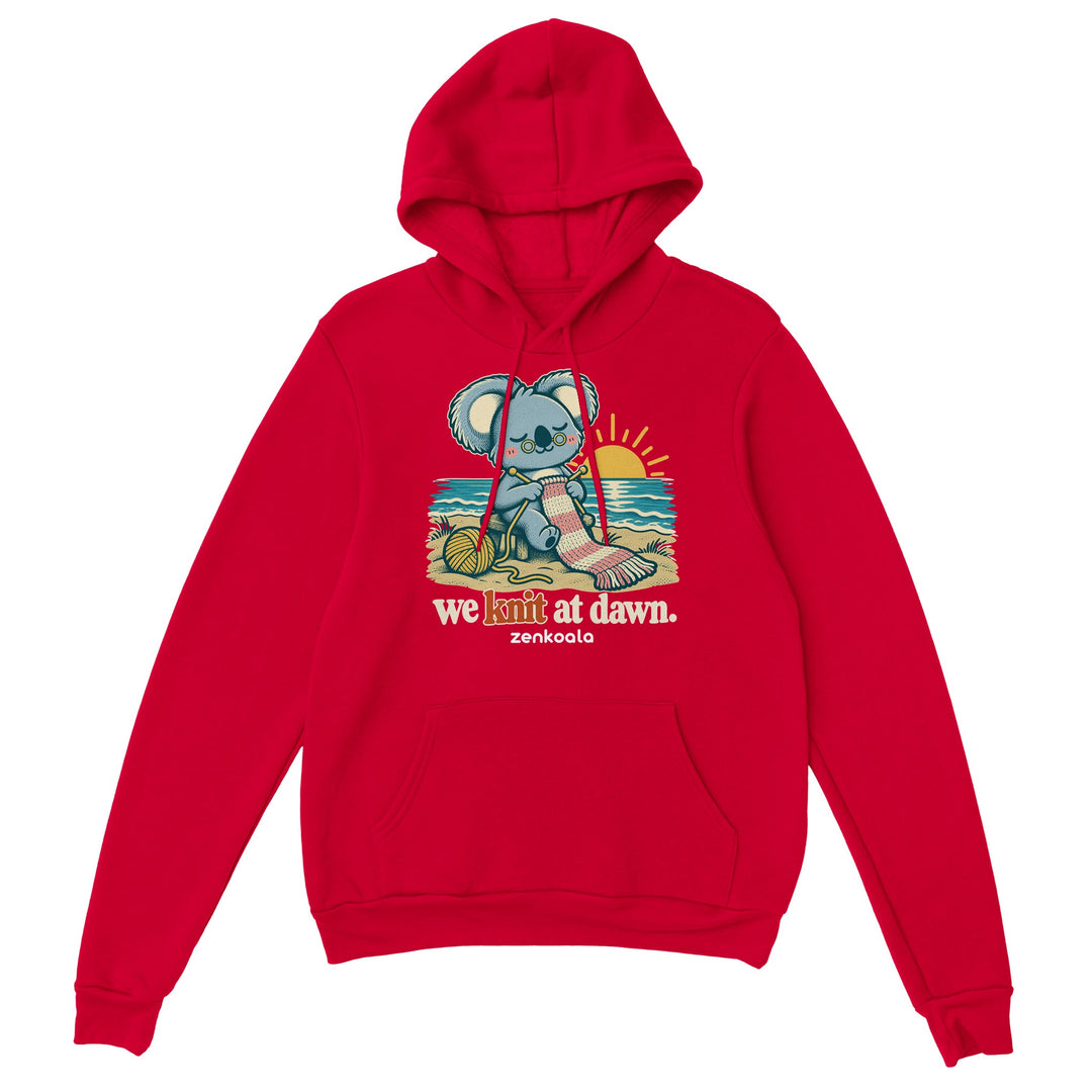We Knit at Dawn feel-good hoodie in red, Zen Koala Australia