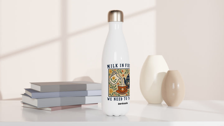 Milk in First water bottle beside books and vases, Zen Koala Australia