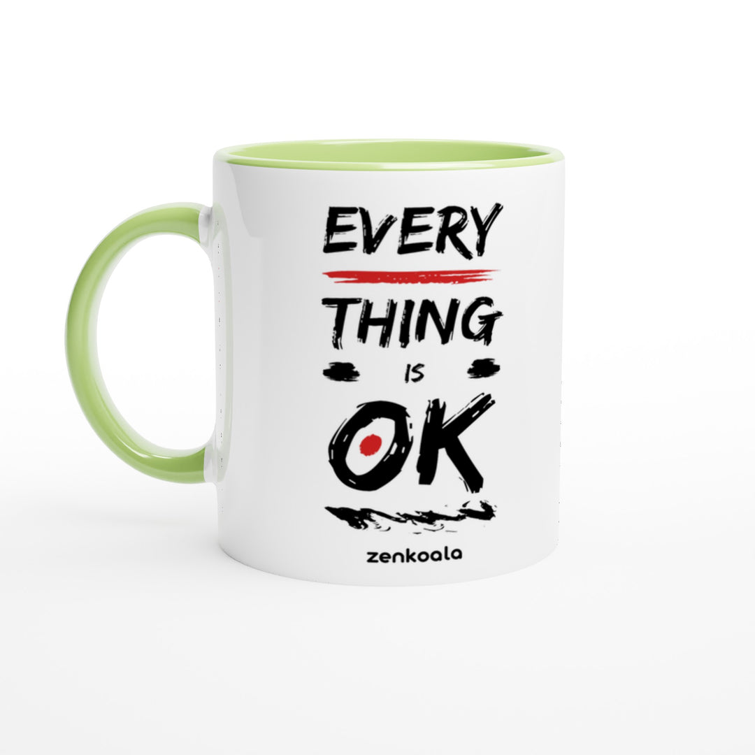 Everything is OK mug in green: white with a green rim, inside and handle, Zen Koala Australia