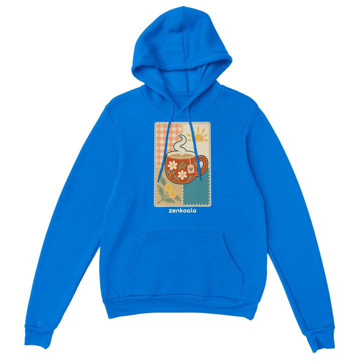 Cuppa Quilt feel-good hoodie in royal: a cuppa on a quilt block, Zen Koala Australia