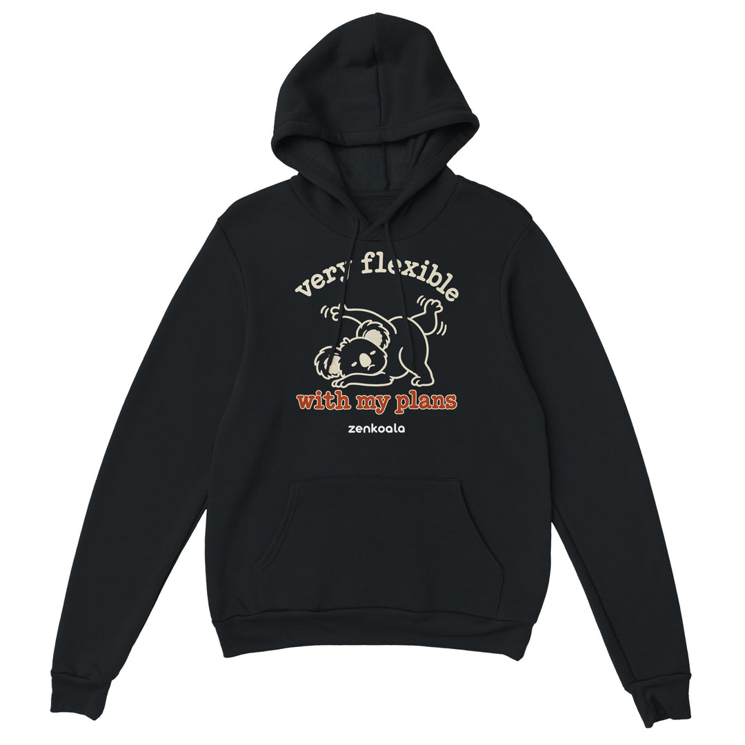 Very Flexible With My Plans feel-good hoodie in black, Zen Koala Australia
