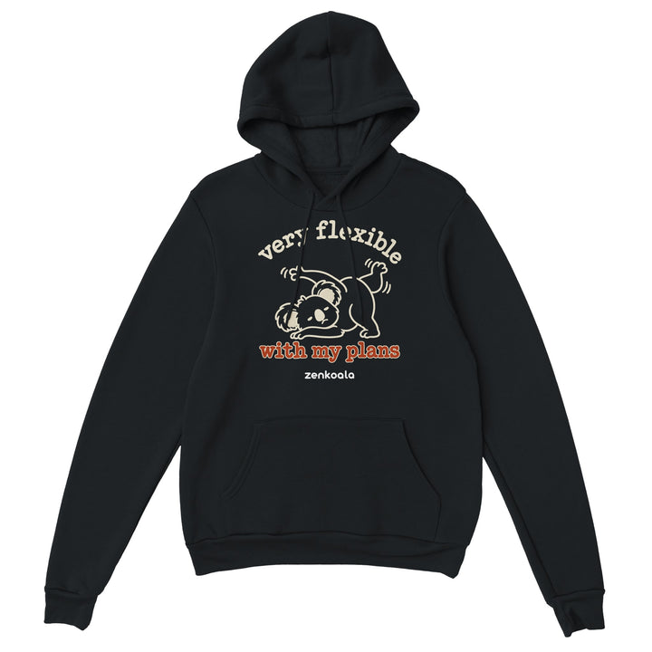 Very Flexible With My Plans feel-good hoodie in black, Zen Koala Australia
