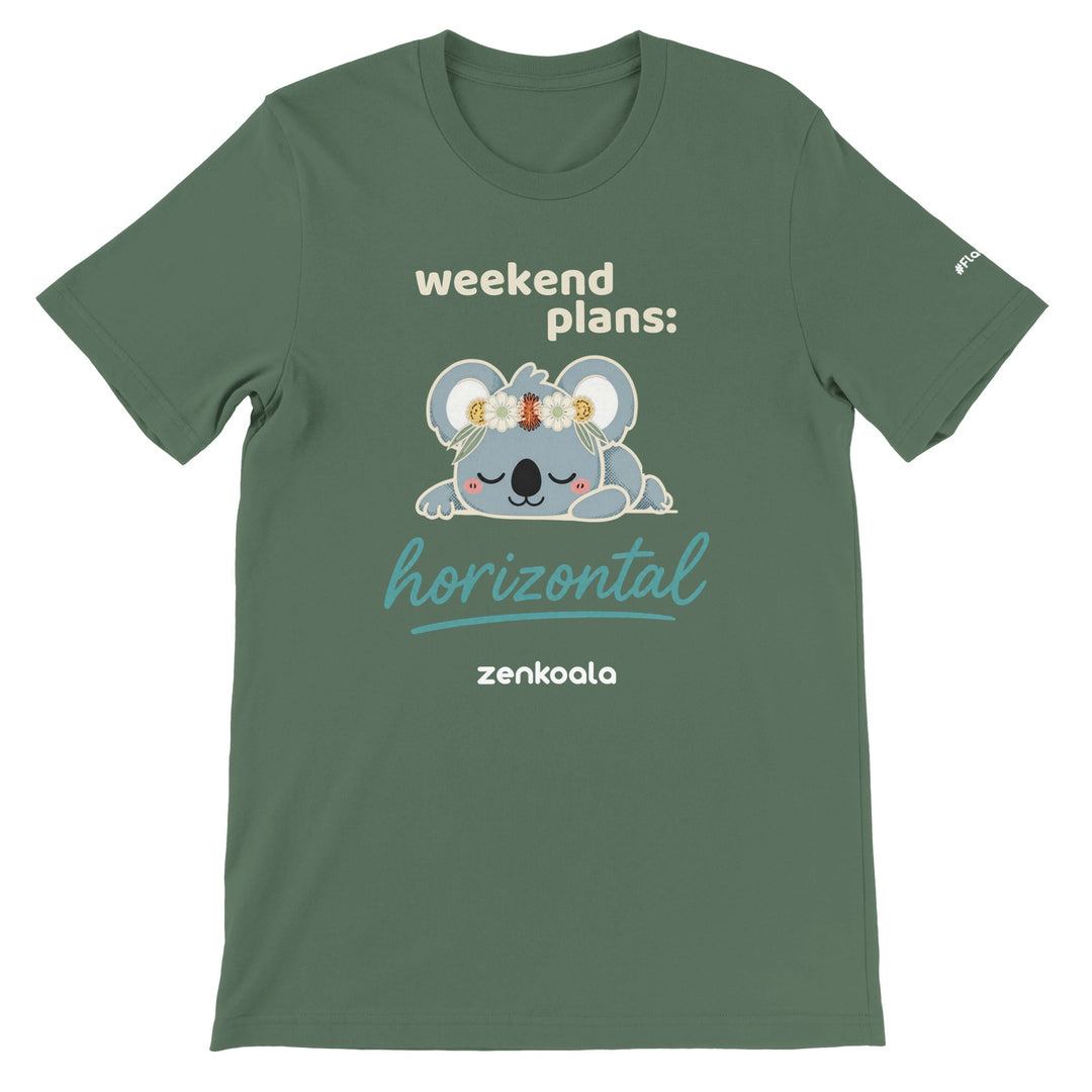 Weekend Plans Horizontal Koala feel-good tee in military green — Zen Koala Australia