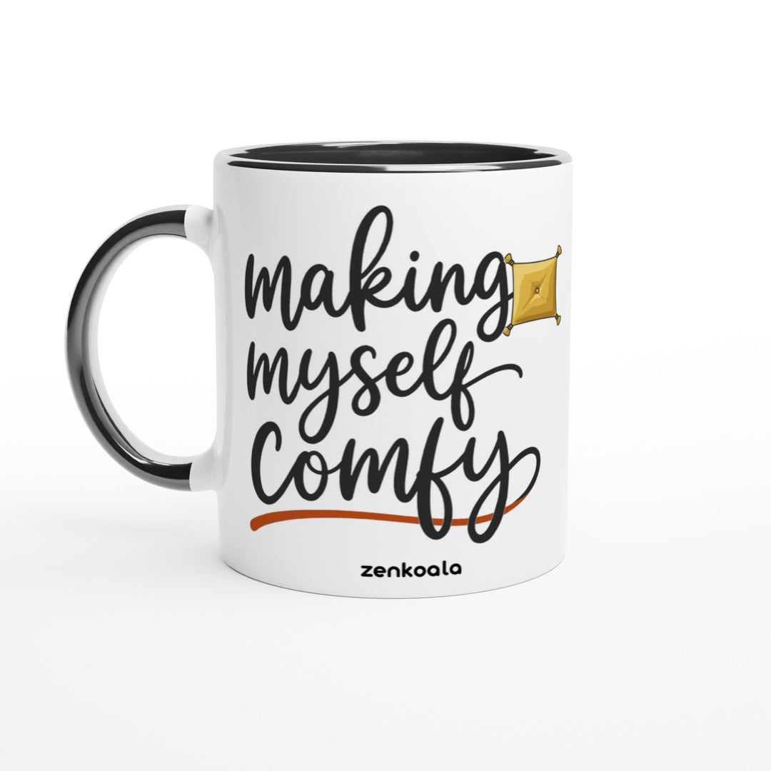 Making Myself Comfy feel-good mug: flowing script and a fluffed-up cushion, Zen Koala Australia