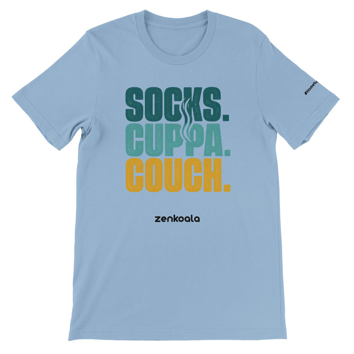 Socks Cuppa Couch feel-good tee in light blue — Zen Koala Australia