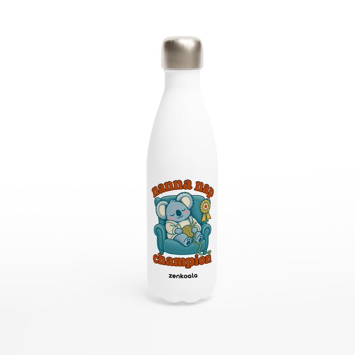 Nanna Nap Champion feel-good water bottle: a koala asleep in an armchair with knitting and a prize ribbon, Zen Koala Australia
