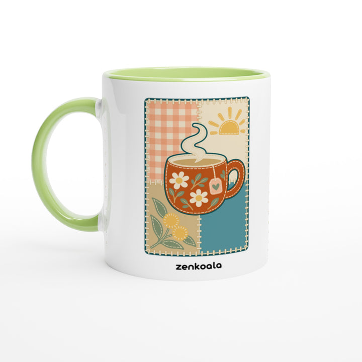 Cuppa Quilt mug in green: white with a green rim, inside and handle, Zen Koala Australia